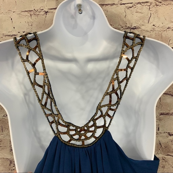 BCBGMAXAZRIA Blue Sequin Embellished Cut Out Neck Sleeveless Mini Dress - Picture 8 of 14